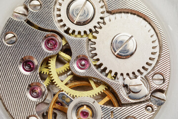 Inside view of watch mechanism, closeup