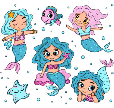 Vector illustration with cute little mermaid - marine life cartoon character with big eyes. 
