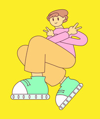 Vector graphic illustration. Boy is showing victory sign with both hands and smiling. Isolated on yellow background.