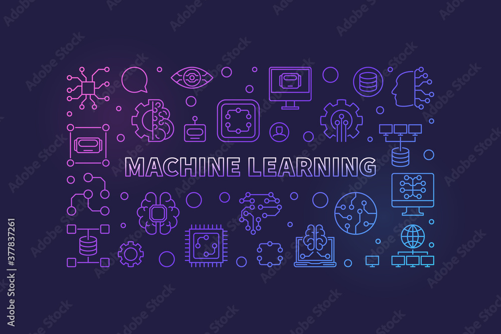 Poster machine learning concept colored outline banner - ml vector horizontal illustration on dark backgrou