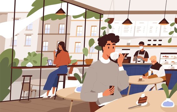 Scene of social distancing at cafeteria. People relax at city cafe. Characters eat dessert and drink coffee or tea at coffeeshop. Flat vector cartoon illustration of modern cozy coffeehouse interior