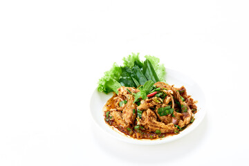 Spicy grilled pork neck salad served with fresh vegetable