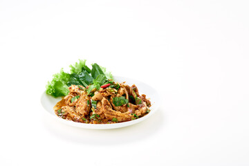 Spicy grilled pork neck salad served with fresh vegetable