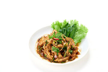 Spicy grilled pork neck salad served with fresh vegetable