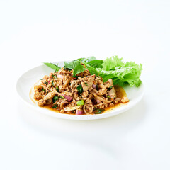 Spicy minced pork salad served with fresh vegetable