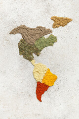 North and South America made of spices on light background