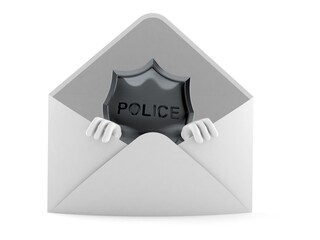 Police badge character inside envelope