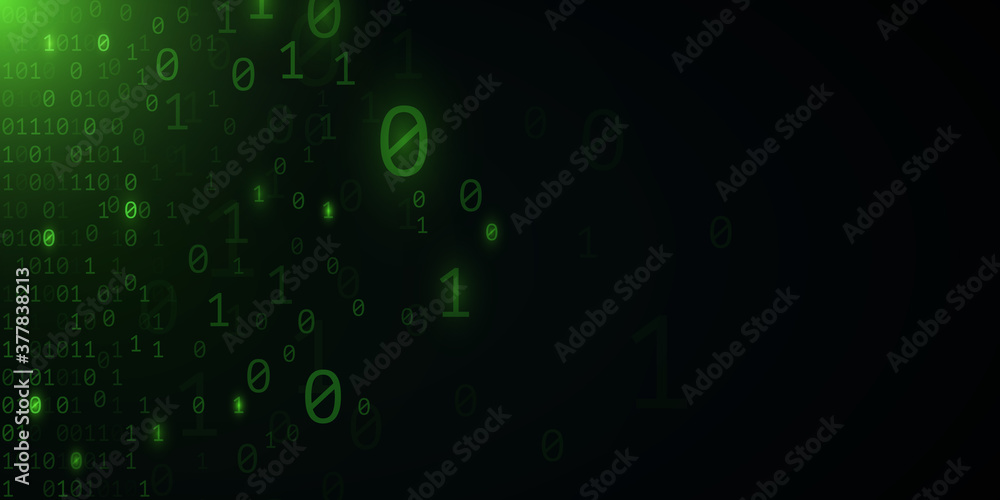 Poster Green binary code background. Hi-tech modern design. Programming banner. World network. Software. High technology template. Vector illustration.