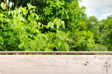 White Brick wall and blurred green tree Background