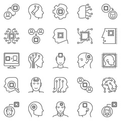 Human Head with a Chip outline icons set. Vector Artificial Intelligence and Machine learning concept line signs