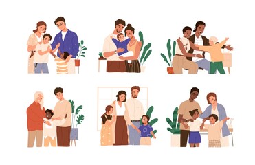 Scene of kid adoption. Multicultural foster families and couples adopt diverse children. Happy parents embracing their adopted daughters and sons. Flat vector cartoon illustration isolated on white