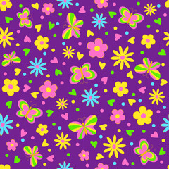 butterflies,flower and hearts seamless,pattern on a lillac background, vector