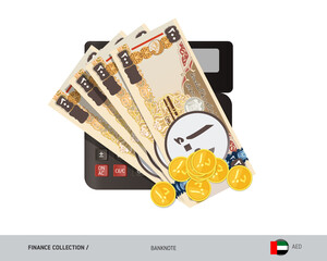 Money and finance. Calculator with 200 United Arab Emirates Dirham banknotes and gold coins . Flat style vector illustration.