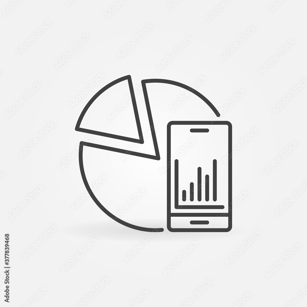 Poster smart phone with pie chart outline icon. statistics vector concept symbol in thin line style