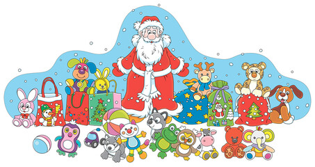 Santa Claus with his magic gift bag, colorful toys and wonderful presents on the snowy night before Christmas, vector cartoon illustration on a white background