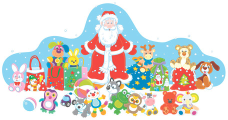 Obraz na płótnie Canvas Santa Claus with his magic gift bag, colorful toys and wonderful presents on the snowy night before Christmas, vector cartoon illustration on a white background