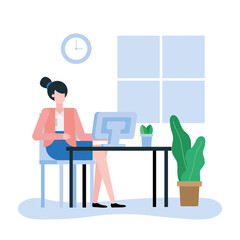 woman with computer at desk in the office vector design