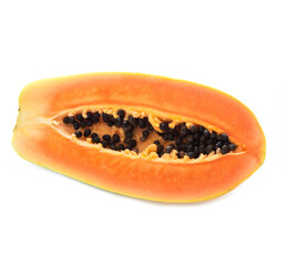 Half of a fresh and juicy papaya isolated on a white background, close-up