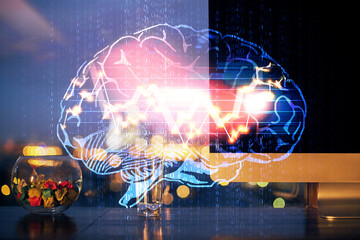 Double exposure of desktop computer and human brain drawing hologram. Ai concept.