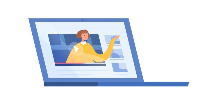 Female explaining or talking from screen of laptop vector flat illustration. Woman teaching at distance learning webinar isolated on white. Internet education, online study, courses or tutorial