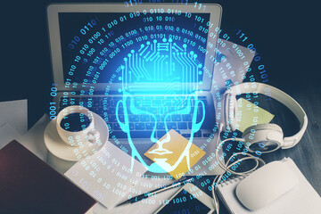 Double exposure of desktop computer and human brain drawing hologram. Ai concept.