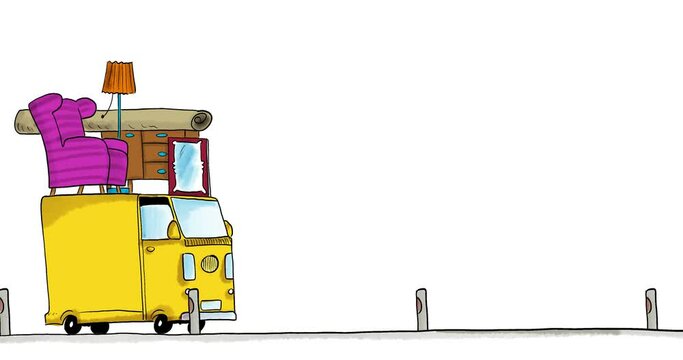 Animation of the hand drawn yellow delivery truck with furniture on the roof