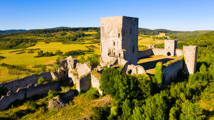 Panoramic view of castle Puivert. Languedoc-Roussillon region. France