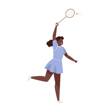 Dark skin female badminton player jumping hitting shuttlecock vector flat illustration. Sportswoman with racket demonstrate smash at training isolated on white. Woman enjoying physical activity