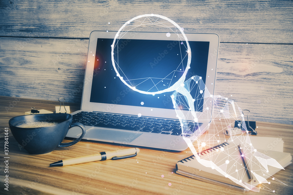 Poster Desktop computer background in office and start up theme hologram drawing. Double exposure. Startup concept.