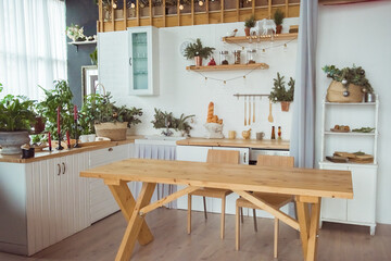 Kitchen interior of white furniture and Christmas time decoration