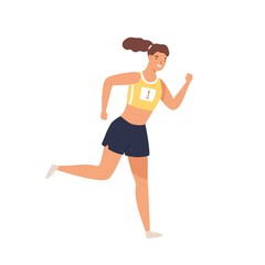 Sportswoman professional runner jogging vector flat illustration. Smiling athletic woman in sportswear running isolated on white. Positive female enjoying physical activity and healthy lifestyle