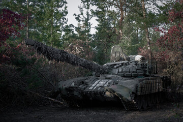 panzer T-64 is ready for battle on the eastern front of Ukraine in Donbass