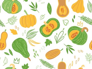 Seamless vector pattern with pumpkins and plants isolated on whitу background. Illustarion for fabric, textile, wallpaper