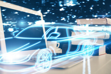 Desktop computer background in office with automobile hologram drawing. Multi exposure. Tech concept.