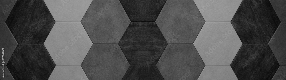 Poster abstract seamless dark black gray grey anthracite concrete cement stone tile wall made of hexagonal 
