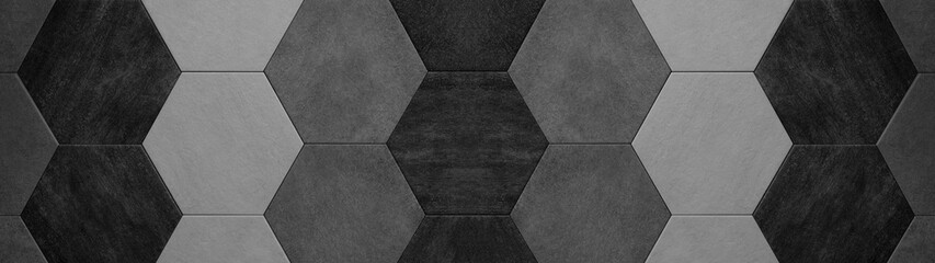 Abstract seamless dark black gray grey anthracite concrete cement stone tile wall made of hexagonal geometric hexagon print texture background banner panorama - obrazy, fototapety, plakaty