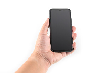 Hand to hold mobile phone isolated