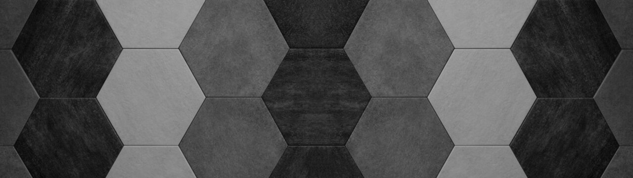 Abstract Seamless Dark Black Gray Grey Anthracite Concrete Cement Stone Tile Wall Made Of Hexagonal Geometric Hexagon Print Texture Background Banner Panorama