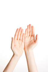 woman's empty open hands on white background