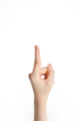 woman's hand pointing on white background