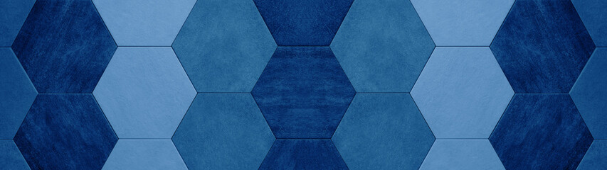 Abstract seamless dark phantom blue indigo concrete cement stone tile wall made of hexagonal...