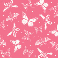 Seamless butterfly pink background in monochrome style