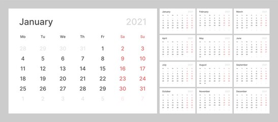 Monthly calendar template for 2021 year. Week Starts on Monday. Wall calendar in a minimalist style.