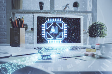 Multi exposure of desktop computer and technology theme hologram. Concept of software development.