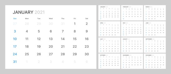 Monthly calendar template for 2021 year. Week Starts on Sunday. Wall calendar in a minimalist style.
