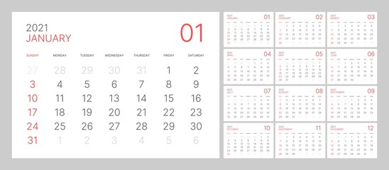 Monthly calendar template for 2021 year. Week Starts on Sunday. Wall calendar in a minimalist style.
