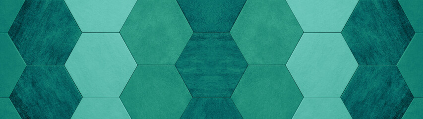 Abstract seamless dark green turquoise concrete cement stone tile wall made of hexagonal geometric hexagon print texture background banner panorama