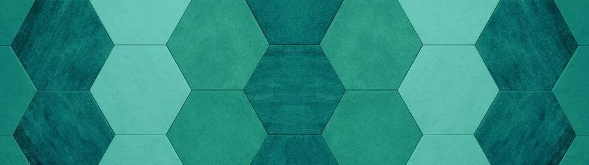 Abstrakte, nahtlose, dunkelgrüne, türkisfarbene Betonzementsteinfliesenwand aus sechseckigem, geometrischem Hexagon-Drucktextur-Hintergrund-Banner-Panorama © Corri Seizinger