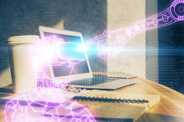 Computer on desktop with AR theme icon. Multi exposure. Concept of augmented reality.