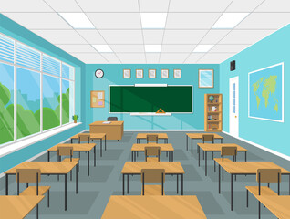 Classroom interior of a school or college with chalkboard, teacher's table, desks, school supplies. Flat design vector illustration